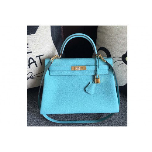 Hermes Kelly 28cm Bag Full Handmade in Original Light Blue Togo Leather With Gold Buckle