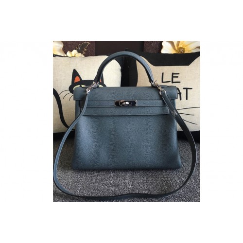 Hermes Kelly 28cm Bag Full Handmade in Original Navy Blue Togo Leather With Silver Buckle