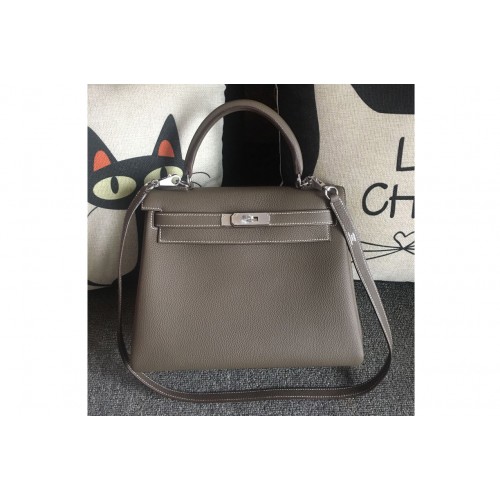 Hermes Kelly 28cm Bag Full Handmade in Original Gray Togo Leather With Silver Buckle