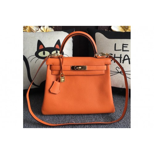 Hermes Kelly 28cm Bag Full Handmade in Original Orange Togo Leather With Gold Buckle