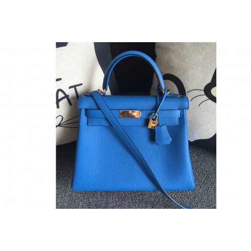 Hermes Kelly 28cm Bag Full Handmade in Original Blue Togo Leather With Gold Buckle