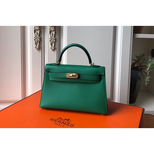 Hermes Mini Kelly 19cm Bag Full Handmade in Green Epsom Leather With Gold Silver Buckle Hermes Mini Kelly 19cm Bag Full Handmade in Green Epsom Leather With Gold Silver Buckle