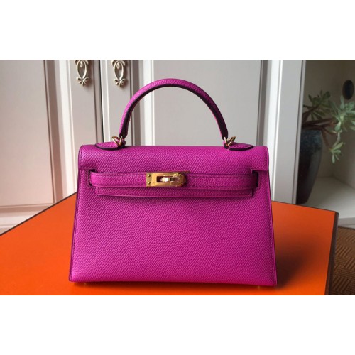 Hermes Mini Kelly 19cm Bag Full Handmade in Raspberry Epsom Leather With Gold Silver Buckle