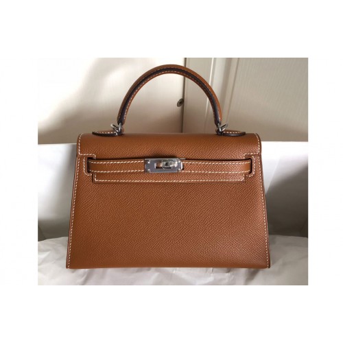 Hermes Mini Kelly 19cm Bag Full Handmade in Brown Epsom Leather With Gold Silver Buckle