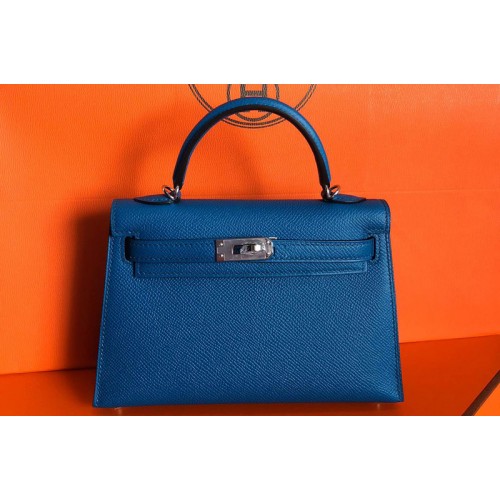 Hermes Mini Kelly 19cm Bag Full Handmade in Blue Epsom Leather With Gold Silver Buckle