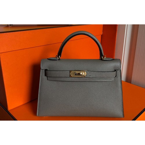 Hermes Mini Kelly 19cm Bag Full Handmade in Dark Gray Epsom Leather With Gold Silver Buckle Hermes Mini Kelly 19cm Bag Full Handmade in Dark Gray Epsom Leather With Gold Silver Buckle