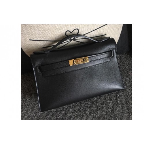 Hermes Mini Kelly 22cm Pochette Bag Full Handmade in Black Swift Leather With Gold Buckle
