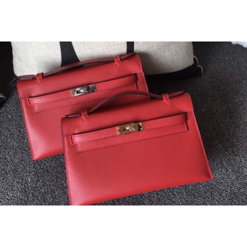 Hermes Mini Kelly 22cm Pochette Bag Full Handmade in Red Epsom Leather With Gold Silver Buckle