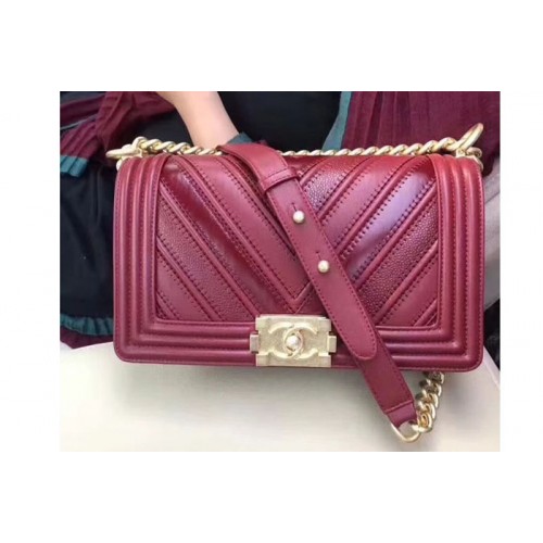 Chanel Le Boy Flap Bag Original Chevron Sheepskin Leather A92193 Wine