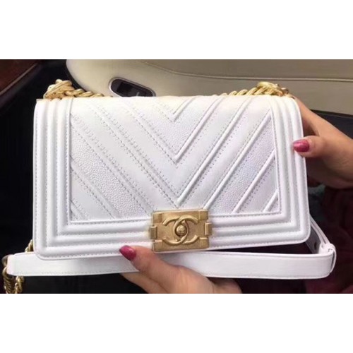 Chanel Le Boy Flap Bag Original Chevron Sheepskin Leather A92193 White