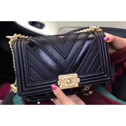 Chanel Le Boy Flap Bag Original Chevron Sheepskin Leather A92193 Black