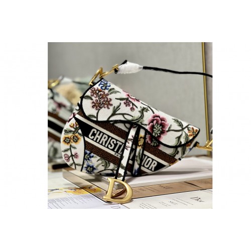 Dior M0446 Saddle bag in White Multicolor Dior Petites Fleurs Embroidery Dior M0446 Saddle bag in White Multicolor Dior Petites Fleurs Embroidery