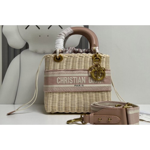 Christian Dior M0565 Medium Lady Dior handbag in Natural Wicker and Pink Dior Oblique Jacquard
