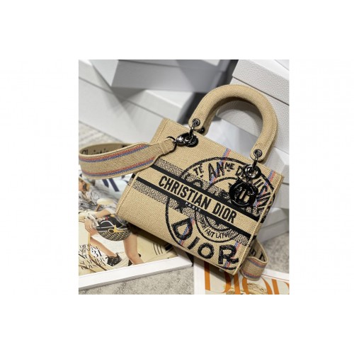 Dior M0565 Christian Dior Medium Lady d-lite bag in Beige Jute Canvas Embroidered with Dior Union Motif