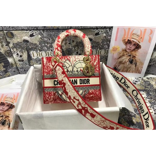 Dior M0565 Medium Lady D-Lite bag in Red Embroidery Dior M0565 Medium Lady D-Lite bag in Red Embroidery