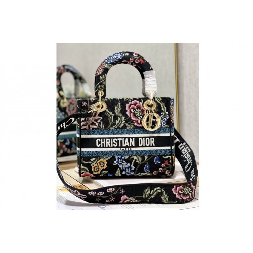Dior M0565 Medium Lady D-Lite bag in Black Multicolor Dior Petites Fleurs Embroidery Dior M0565 Medium Lady D-Lite bag in Black Multicolor Dior Petites Fleurs Embroidery