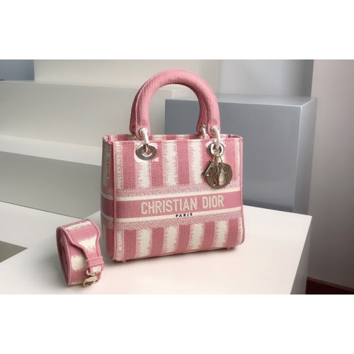 Christian Dior M0565 Dior Medium Lady d-lite bag in Pink D-Stripes Embroidery Christian Dior M0565 Dior Medium Lady d-lite bag in Pink D-Stripes Embroidery