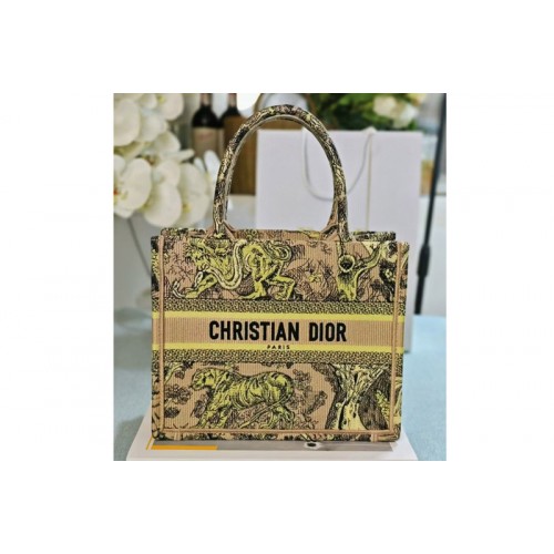 Dior M1265 Small Dior Book Tote Bag in Raffia with Lemon Yellow Toile de Jouy Sauvage Embroidery Dior M1265 Small Dior Book Tote Bag in Raffia with Lemon Yellow Toile de Jouy Sauvage Embroidery
