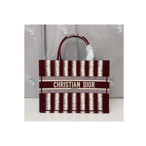 Christian Dior M1296 Small Dior Book Tote Bag in Burgundy D-Stripes Embroidery