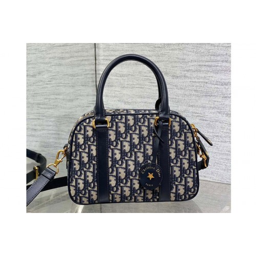 Dior M1340 Medium D-Vibe Bowling Bag in Blue Dior Oblique Jacquard