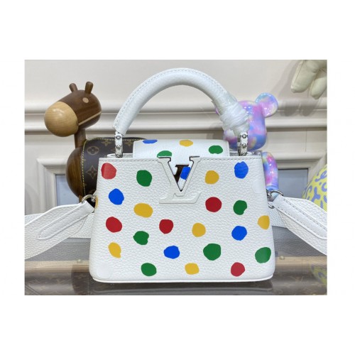 Louis Vuitton M21637 LVxYK Mini Capucines Bag in White Taurillon bull calf leather with 3D Painted Dots print