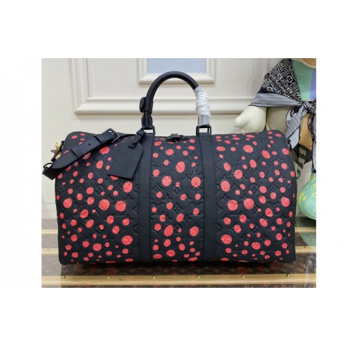 Louis Vuitton M21674 x YK Keepall 50 travel bag in Black and red Taurillon Monogram cowhide with Infinity Dots print