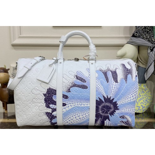Louis Vuitton M21678 LVxYK Bandouliere Keepall 50 Bag in White Taurillon Monogram cowhide with Psychedelic Flower print
