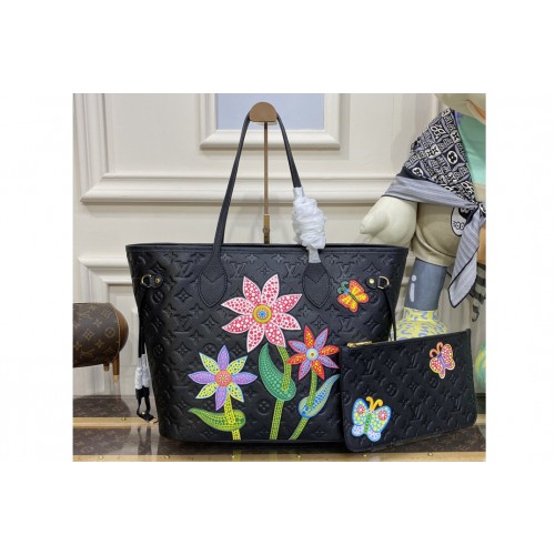Louis Vuitton M21733 LVxYK Neverfull MM bag in Black Embossed grained Monogram Empreinte cowhide leather with Flower marquetry