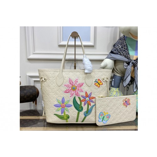 Louis Vuitton M21733 LVxYK Neverfull MM bag in Quartz Embossed grained Monogram Empreinte cowhide leather with Flower marquetry