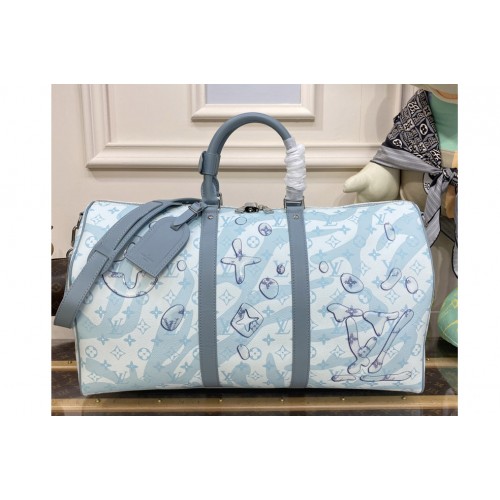 Louis Vuitton M22570 Keepall Bandoulière 50 Bag in Crystal Blue Monogram Aquagarden coated canvas