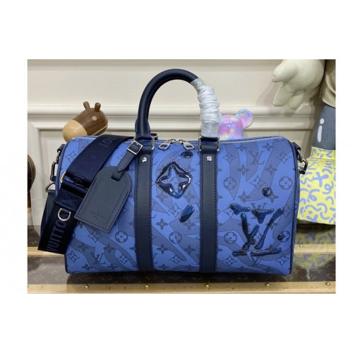 Louis Vuitton M22573 Keepall Bandoulière 35 Bag in Abyss Blue Monogram Aquagarden coated canvas