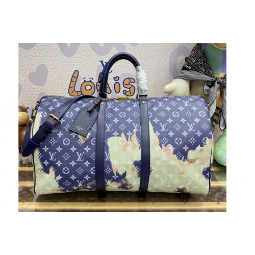 Louis Vuitton M23773 Keepall Bandoulière 50 Bag in Ink Blue Monogram Bleach coated canvas