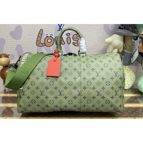 Louis Vuitton M23962 Keepall Bandoulière 45 Bag in Khaki Green Vermillion Red Monogram coated canvas