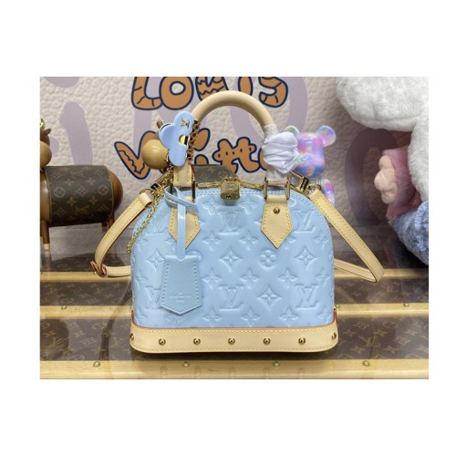 Louis Vuitton M24062 Alma BB Bag in Sky Blue Monogram Vernis embossed cowhide leather