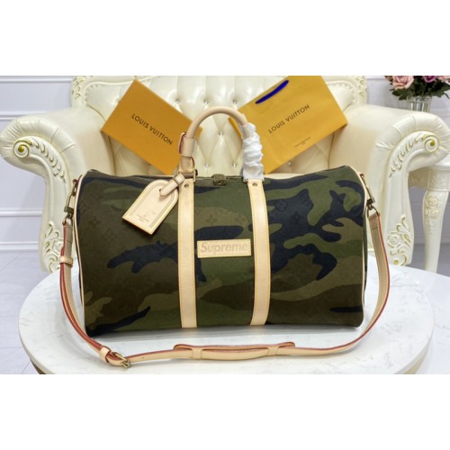 Louis Vuitton X Supreme M43466 Keepall 45 Bandouliere Bag in Monogram Camouflage
