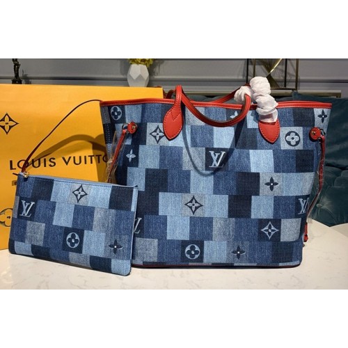 Louis Vuitton M44981 Neverfull mm tote bags in Blue Red Monogram Denim canvas