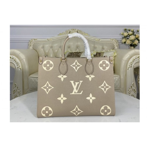 Louis Vuitton M45494 OnTheGo MM Tote bag in Tourterelle Gray Cream Embossed grained cowhide leather