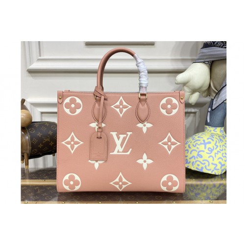 Louis Vuitton M45595 Onthego MM tote bag in Pink Cream Monogram Empreinte leather
