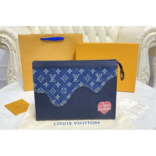Louis Vuitton M45961 Pochette Voyage MM in Blue Monogram denim and Navy Blue Taurillon leather