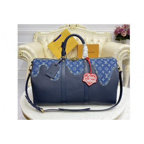Louis Vuitton M45975 Keepall Bandouliere 50 Travel Bag in Blue Monogram denim and Navy Blue Taurillon leather Louis Vuitton M45975 Keepall Bandouliere 50 Travel Bag in Blue Monogram denim and Navy Blue Taurillon leather