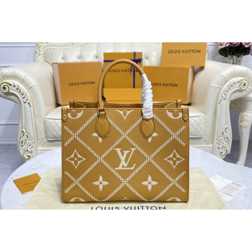 Louis Vuitton M46015 Onthego MM tote Bag in Beige Brown Monogram Empreinte leather