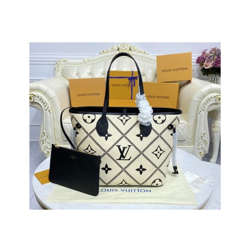Louis Vuitton M46039 Neverfull tote Bag in Black Beige Monogram Empreinte leather
