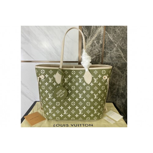 Louis Vuitton M46102 Neverfull MM tote bag on Khaki Green Beige Cream Monogram-embossed leathers Louis Vuitton M46102 Neverfull MM tote bag on Khaki Green Beige Cream Monogram-embossed leathers