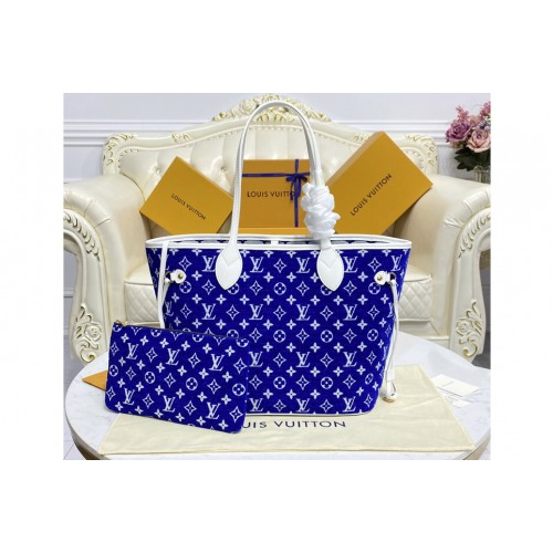 Louis Vuitton M46220 Neverfull MM tote Bag in Blue Monogram velvet jacquard