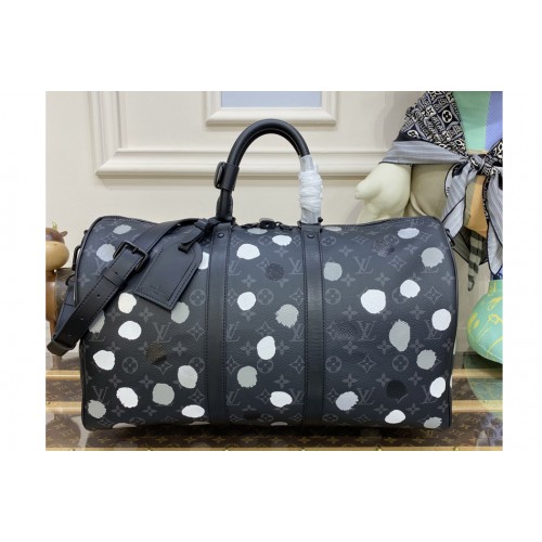 Louis Vuitton M46400 LVxYK Keepall 45 Bag in Black and silver Monogram Eclipse coated canvas with 3D Painted Dots print