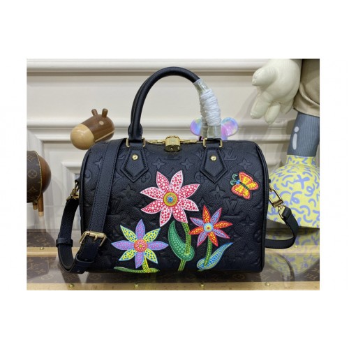 Louis Vuitton M46415 LVxYK Speedy Bandoulière 25 bag in Black Embossed grained Monogram Empreinte cowhide leather with Flower marquetry Louis Vuitton M46415 LVxYK Speedy Bandoulière 25 bag in Black Embossed grained Monogram Empreinte cowhide leather with Flower marquetry