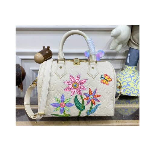 Louis Vuitton M46415 LVxYK Speedy Bandoulière 25 bag in White Embossed grained Monogram Empreinte cowhide leather with Flower marquetry Louis Vuitton M46415 LVxYK Speedy Bandoulière 25 bag in White Embossed grained Monogram Empreinte cowhide leather with Flower marquetry