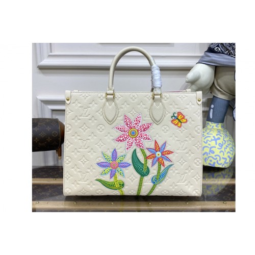 Louis Vuitton M46416 LVxYK OnTheGo MM Bag in White Monogram Empreinte Leather with Flower marquetry Louis Vuitton M46416 LVxYK OnTheGo MM Bag in White Monogram Empreinte Leather with Flower marquetry