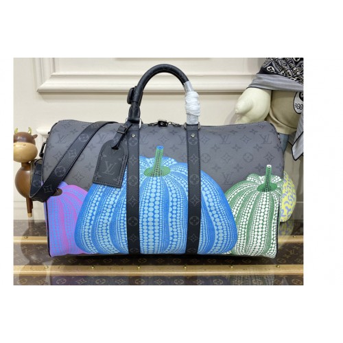 Louis Vuitton M46441 LVxYK Keepall 45 Bag in Monogram Eclipse Reverse coated canvas with colorful Pumpkin print