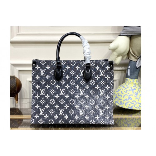 Louis Vuitton M46448 OnTheGo MM tote Bag in Gray Denim textile jacquard Louis Vuitton M46448 OnTheGo MM tote Bag in Gray Denim textile jacquard